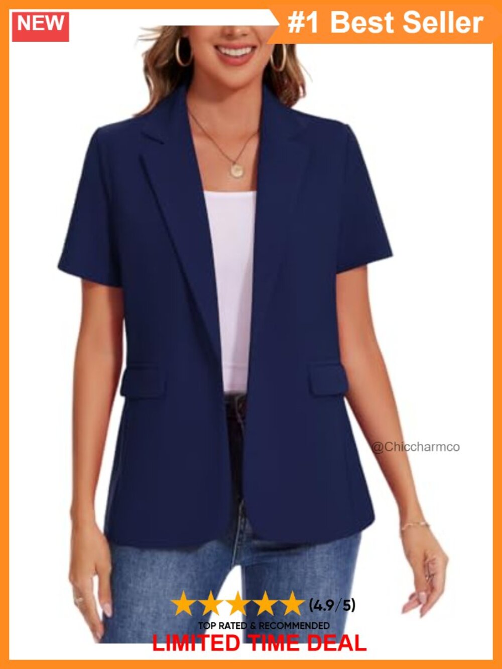 Women's Short Sleeve Blazer Button Casual Work Jacket with Pockets